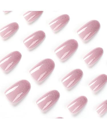Almond Glitter Press On Short False Nails - 24Pcs Pink French Glossy Fake Nails with Nail Glue for Women and Girls - Nail Art - Buy Online on GoSupps.com