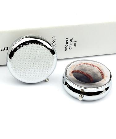 Baseball Print Round Pill Box - 3 Compartment Medicine Organizer | Decorative Metal Portable Pocket Pill Case - Buy Online on GoSupps.com