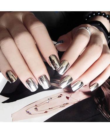 Fairvir False Nails Bling Artificial Metallic Mirror Sliver Full Cover Acrylic Fake Nails Fashion Party Clip on Nails for Women and Girls - Buy Online on GoSupps.com