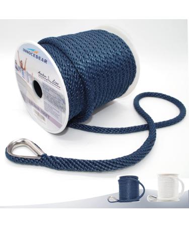 INNOCEDEAR Anchor Rope Braided Anchor Line(Navy, 3/8" x 100') Premium Solid Braid MFP Boat Rope with Stainless Steel Thimble, Quality Marine Rope, Boat Accessories