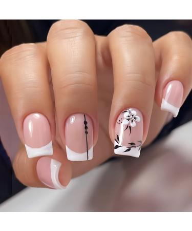 JUSTOTRY 24 Pcs Short False Nails Square with Flower White French Press on Nails Pattern Leaf Fake Nails Medium with Nail Glue Stick on Nails for Women Glossy Squoval Nails Fake Nail for Nails Art white&leaf1