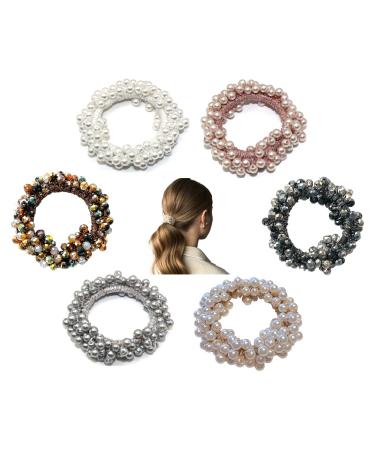 6 PCS Crystal Pearl Hair Ties Beaded Bracelet Hair Bands Elastic Hair Ropes with Pearl Ponytail Holders for Women Girls(Color B)