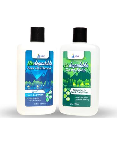 Biodegradable Shampoo & Body Wash Organic 8 oz and Camp Soap 8 oz Bottle Soap Bundle (2 Items) For Fresh & Salt Water  No Dies or Fragrances  Organic Body Wash  Travel Size Body Wash  Travel Shampoo