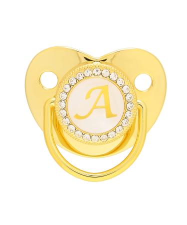 Golden baby pacifier curved design 26 letters safe materials healthy bling baby pacifier with clips for 6 to 18 months (a)