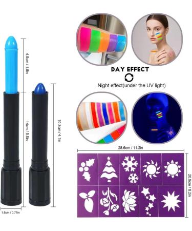 GLEEMEN Neon Face Body Paint Stick 12 Colors UV Blacklight Neon Fluorescent Face Paint with 4 templates Non Toxic Face Painting Club Makeup Art Paint Kit for Adults Kids Halloween Party Carnival 12 UV Colors - Buy Online on GoSupps.com