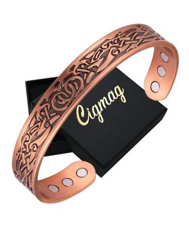 Cigmag Copper Magnetic Bracelets for Men Ultra Strength Magnet 99% Solid Pure Copper Brazaletes Adjustable Cuff Bangles with Gift Box for Father's Day & Birthday (Copper Viking Pattern)