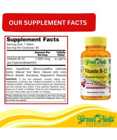 Greenfield Nutritions Halal Vitamin B12 1000mcg - Cherry Flavored Fast Absorption 60 Sublingual B12 Tablets - Natural B12 Halal Vitamins Supports Brain Blood Cell Health and Energy Metabolism - Buy Online on GoSupps.com