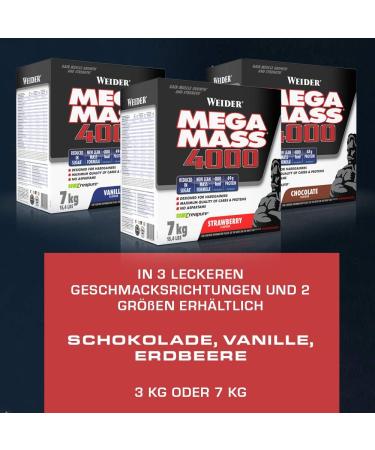 Weider Mega Mass 4000 Weight Gainer Shake - Strawberry | Protein Creatine Complex Carbs & Vitamins | Perfect Muscle Building Supplement | 7kg - Buy Online on GoSupps.com