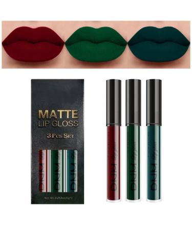 3Pcs Dark Green Army Green Cherry Red Matte Lipstick Lip Stain Sets Long Lasting Matte Lipstick Lip Stain Lip Gloss Set 24 Hour Waterproof Matt Lipsticks Set (Set08)