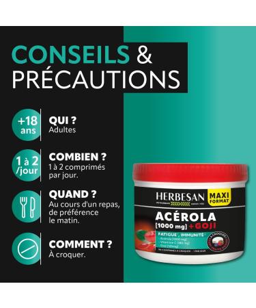 HERBESAN -ACEROLA 1000 + GOJI-Haute concentration en Vitamine C-R duction de la fatigue- Ac rola naturelle - 90 comprim s croquer 271 g (Lot de 1) - Buy Online on GoSupps.com