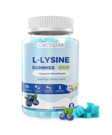 CMEDSTAR L-Lysine Gummies 1000mg with Glyceryl Monolaurin Supports Oral & Gut Health Immune Booster for Adults & Kids Sugar-Free Gluten-Free Non-GMO Vegan Blueberry Flavor 60 Count