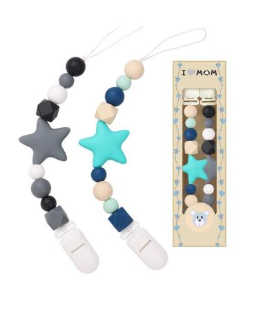 Cute Pacifier Clip Set Star Silicone Pacifier Holder Leash Universal Neutral Pacifier Clips for Newborn Boy and Girl Blue&gray