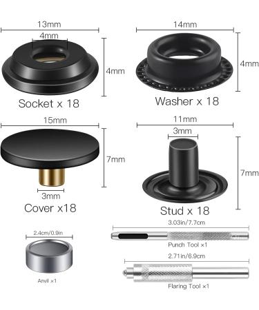 72pcs (18sets) 15MM Snap Fastener Kit - High-Grade Metal Snaps for Leather, Bags, Jeans, Clothes - Black - Buy Online on GoSupps.com