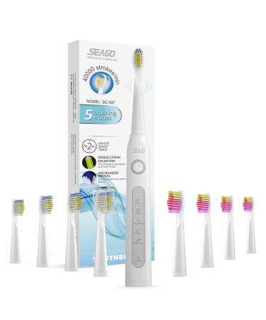 SEAGO Electric Toothbrush for Adults, Ultrasonic Toothbrushes with 8 Brush Heads, Rechargeable Electronic Toothbrush, White, SG-507 H8-white