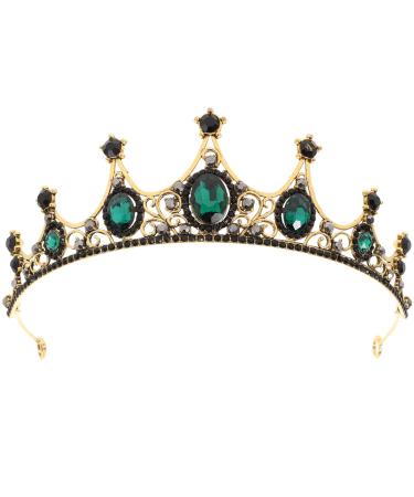 Lurrose Green Crystal Crown Golden Tiara with Black Rhinestone Decor Bridal Head Jewelry