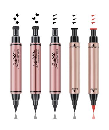 Pinkiou 2 in 1 Double-headed Eyeliner Stamps Set Black Liquid Eye Liner Pen With Eye Makeup Stamp Long Lasting & Waterproof Smudgeproof Eyeliner Tattoo Tool for Women  Easy to Use (5Pcs)