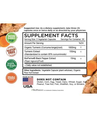 Turmeric Curcumin 1965mg with BioPerine & 95% Curcuminoids - High Absorption Non-GMO Vegan Capsules - Made in USA - 90 Count - Buy Online on GoSupps.com
