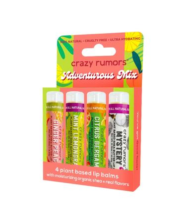 Crazy Rumors Adventurous Mix Lip Balm 4-Pack Mix (Ginger Peach Mint Lemongrass Citrus Bergamot Mystery Flavor) 100% Natural Vegan Plant-Based Made in USA