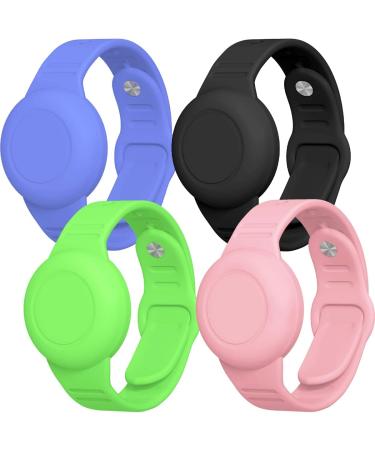 SUIHUOJI 4 Pack Airtag Bracelet for Kids Waterproof, Silicone Wristband Full Case Cover for Apple Airtag Holder, Anti-Lost Watch Band Hidden Accessories for Child, Tracker Strap Pink+Green+Black+Blue