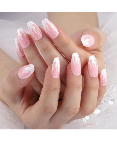 Bmirth Flame Glossy Press on Nails - Long White Coffin False Nails for Women and Girls (Style 3) - Buy Online on GoSupps.com