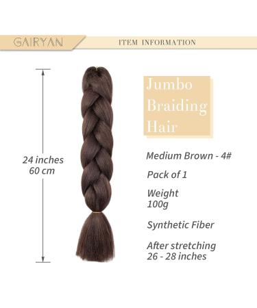 Buy Gairyan Brown Jumbo Braids Extensions | 24-Inch Kanekalon Synthetic Box Braids | 1 Piece Medium Brown Hair for Braiding - Buy Online on GoSupps.com