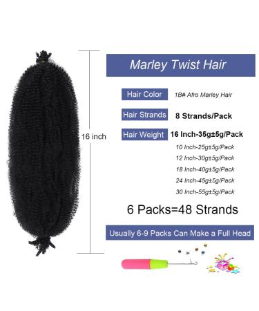 16 Inch Marley Hair 6 Packs - Cuban Twist Pre Fluffed Springy Afro Kinky Twist for Faux Locs - Pack of 6 in 1B - Buy Online on GoSupps.com