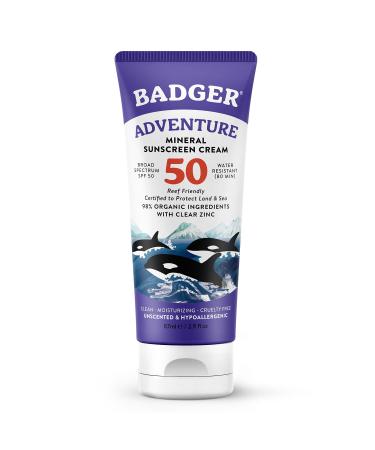 Badger Mineral Sunscreen SPF 50 Zinc Oxide Sunscreen with 98% Organic Ingredients Reef-Safe Broad-Spectrum Hypoallergenic Water Resistant Unscented Adventure Sport 2.9 fl oz 2.9 Fl Oz (Pack of 1) Tube