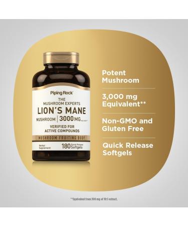 Piping Rock Lions Mane Supplement | 3000mg | 180 Softgel Capsules | Mushroom Fruiting Body Extract | Non-GMO Gluten Free - Buy Online on GoSupps.com