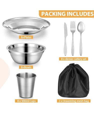50 Pcs Polished Stainless Steel Camping Mess Kit Set - Portable Dinnerware for Backpacking, Hiking, Travel - 8 Person Utensils Tableware with Cups, Plates, Bowls - Includes Mesh Bag - Perfect for Camping and Picnics - Buy Online on GoSupps.com