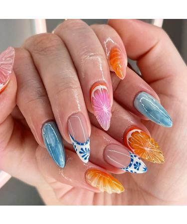 24 Pcs 3D Fruits Press on Nails Short Almond - SHANRUN Summer Fake Nails Press ons French Nail Art Tips Glue on Nails Stick on Nails Full Cover Artificial Acrylic False Nails with Orange Ocean Design Design A10
