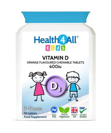 Kids Vitamin D3 600iu Chewable 90 Tablets (V). Sugar Free. Natural Orange Flavour. Made by Health4All UK 90 Count (Pack of 1)