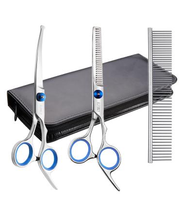 Elfirly Dog Grooming Scissors Set with Safety Round Tip (2 Pack - Curved Scissors Thinning Shears for Grooming) Pet Grooming Shears with Grooming Comb for Dogs and Cats Blue - Buy Online on GoSupps.com
