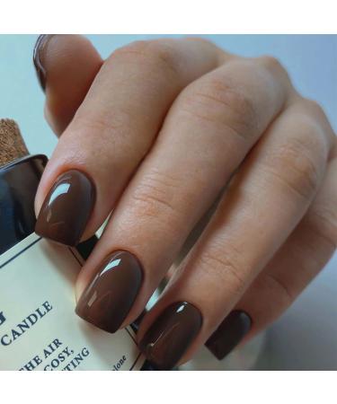 Press on Nails Short Square Fashion Fake Nails with Full Cover Brown False Nails Summer Artificial Acrylic Glue on Nails for Women Girls 24Pcs Pure brown