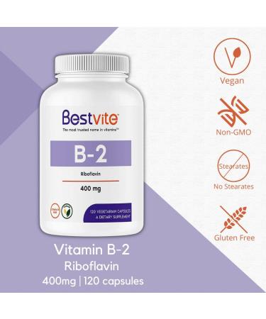 Vitamin B-2 (Riboflavin) 400mg Capsules - Vegan, Non GMO, Gluten Free - 120 Count - Buy Online on GoSupps.com