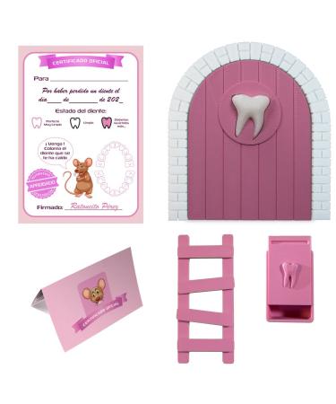 Myfuturshop Children's Door to Leave Baby Teeth to Perez Mouse Original Gift for Boy and Girl Contains Tooth Box Ladder and 4 Clean Tooth Certificates (Pink)