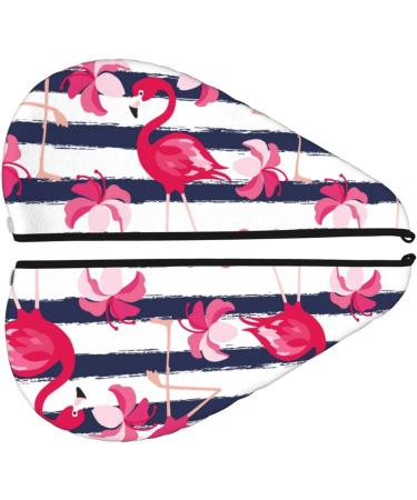 Microfiber Hair Towel Wrap for Women - Dark Blue Stripes & Pink Flamingos - Super Absorbent Coral Velvet Quick Dry Cap for Long Curly Thick Hair - Buy Online on GoSupps.com