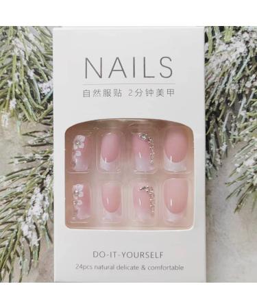 24 Pcs Pink French Tip Press On Nails with White Flower Design - Medium Square Acrylic Fake Nails with Diamonds for Women/Girls - Manicure Set - Buy Online on GoSupps.com