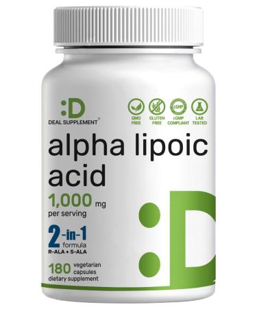 Alpha Lipoic Acid 1 000mg 180 Veggie Capsules 50/50 R-ALA & S-ALA for Max Bioavailability Antioxidant Supplement Energy & Nervous System Support Non-GMO 180 Count (Pack of 1)