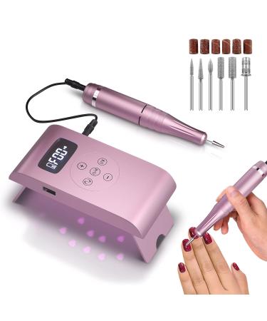 Electric Nail Drill Rechargeable 35000 rpm 3 in 1 Nail Drill with Nail Lamp Professional Manicure Pen with 6 Nail Drill Bits, Portable Electric Nail File for Acrylic, Gel Nails, Manicure Pedicure 0420-1 Pink