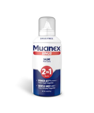 Mucinex Sinus Saline Nasal Spray & Sinus Rinse Drug-Free Additive Free Non-Drowsy Nasal Irrigation with 2-in-1 Jet + Mist Spray Nozzle for Cold & Allergy Season 4.5oz Saline Solution Spray 4.5 Ounce (Pack of 1)