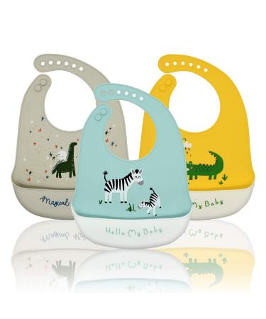 Baogaier Baby Bibs Silicone Waterproof Feeding Silicone Bib for Babies Easy Clean Soft Pocket Food Crumb Catcher for Weaning Toddler Kids Boys Animal Roll Up Bibs 6 Months Up Blue Grey Yellow - 3 PCS Zebra Crocodile Dinosaur