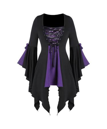 Renisants Shirts Costume Butterfly Sleeve Renaissance Shirts Irregular Lace Up Witch Blouses Halloween Tops Shirts Purple Renaissance Shirts Women Lightning Deals of Today Large