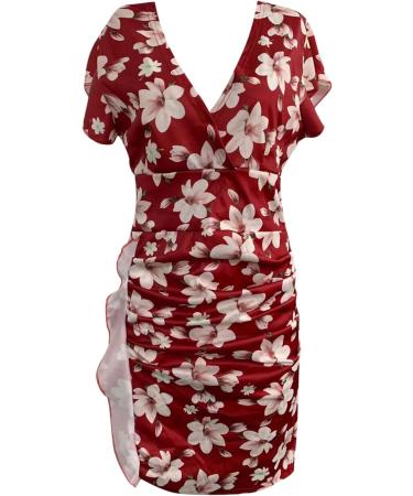 Briskyry V-Neck Floral Knee-Length Business Dresses for Women - Elegant Summer Bustier & Ruffled Hem Festival Style - Buy Online on GoSupps.com