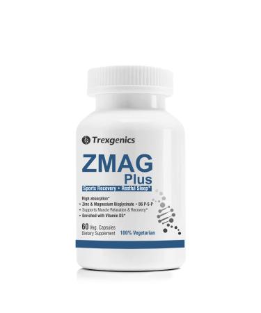 Trexgenics ZMAG Plus Zinc & Magnesium Bisglycinate Pyridoxal 5 Phosphate D3 Next Generation Safe Superior Bioavailable Sports Recovery & Relaxation Support (60 Veg. Capsules)
