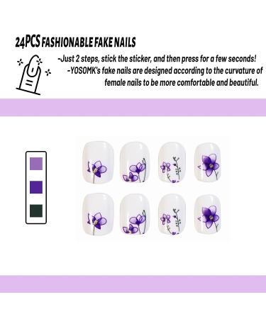 YOSOMK Square White Flower Design Press on Nails | Glossy Full Cover False Acrylic Nails for Women - Buy Online on GoSupps.com