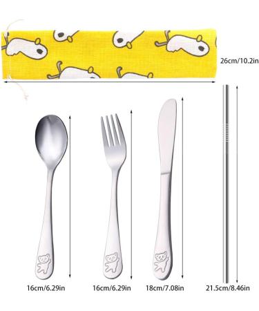 Kids Tableware Set 5pcs with Cutlery Bag - Adorable Children's Cutlery Set for Toddlers - Knife, Fork, Spoon, Straw - Buy Online on GoSupps.com