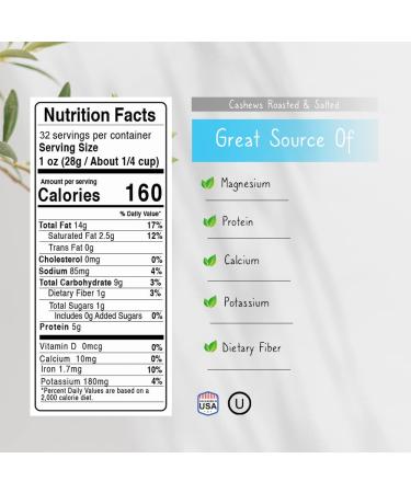 Jaybee's Nuts Roasted Salted Cashews 32 oz Reusable Container - Whole Similar to Organic, Everyday Healthy Snack for Keto Diet, Vegan, Great for Cooking, Baking, Salads - Kosher Certified - Buy Online on GoSupps.com