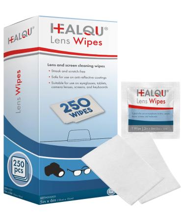 HEALQU Eyeglass Lens Wipes Pre-Moistened - 250 Packs Per Box- 5 x 6 Pocket Sized, Pre-Moistened, Non Abrasive, Anti Fog Cleaning Cloth for Eyeglasses, Tablets, Camera Lenses, Screens, and Keyboards