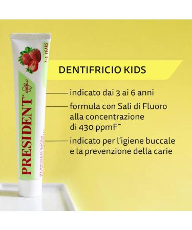  President President Kids Toothpaste for Children 3-6 Years Strawberry Flavor. Prevents cavities protects gums and tooth enamel. Paraben-free SLS-free allergen-free and PEG-free. RDA 30-50 ml - Buy Online on GoSupps.com