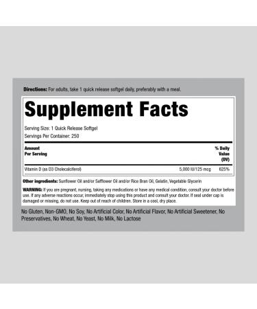 Piping Rock Vitamin D3 5000 IU Supplement - 250 Softgels, High Potency, Non-GMO & Gluten Free - Buy Online on GoSupps.com